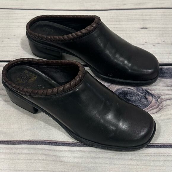Cole Haan Womens Shoes Black Leather Mules Slides Brown Rope Edging Sz 6 - Picture 1 of 9